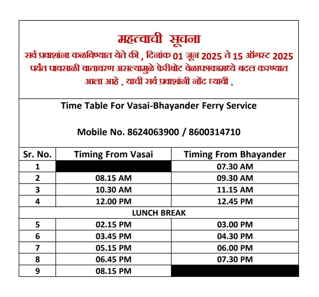 Carferry - Vasai-Bhayader Ferry Time Table - 1st June - 15 Aug 2025 Vasai - Bhayander Time Table for June-Aug 2025