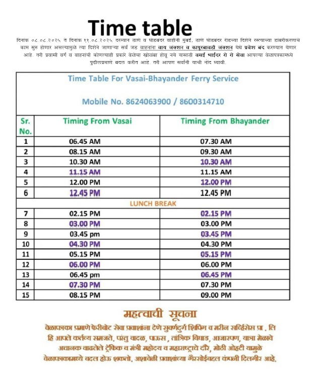 Vasai-Bhayander Time Table 26th Jan 2025