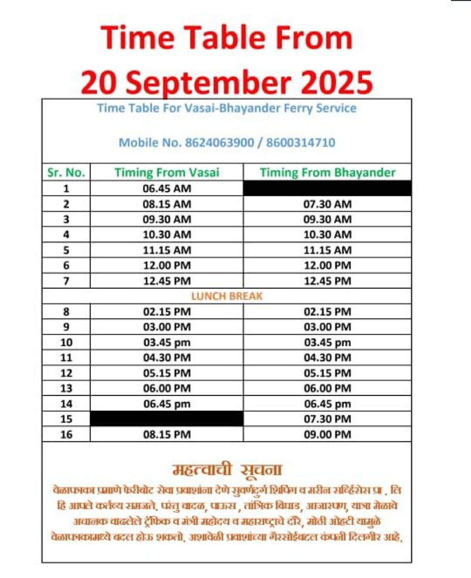 Vasai - Bhayendar TT from 20Sept2025 Vasai-Bhayander Time Table 26th Jan 2025